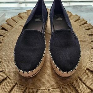 Black espadrilles flats with natural rubber sole and‎ woven trim